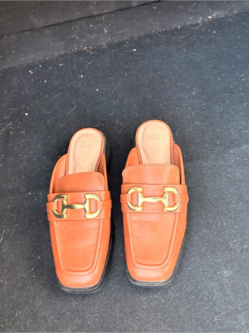 Time and Tru Men's Tan Leather Backless Loafers with Gold Hardware